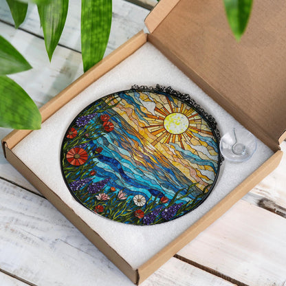 Vibrant wildflower meadow and ocean wave stained glass suncatcher summer window decor gift for nature lovers