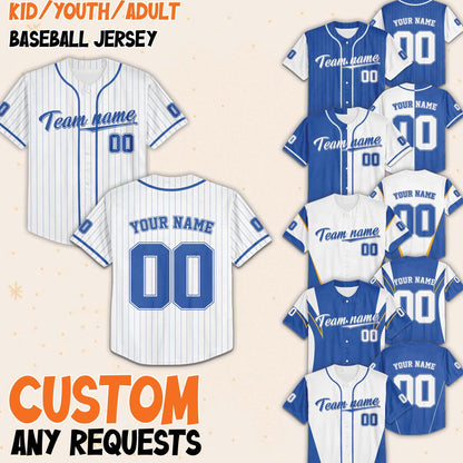 Custom White Blue Collection Baseball Jersey, Personalized Name Number Sports Team Uniform Jerseys Gifts for Men Women Kids Toddler Fan