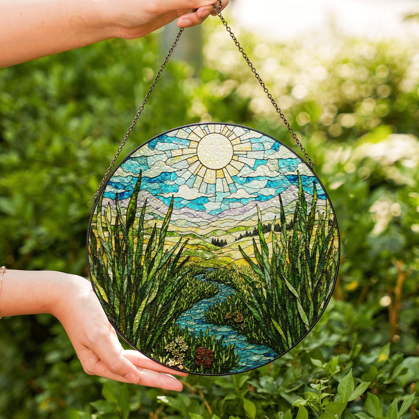 Sunny River Valley Landscape Stained Glass Style Suncatcher Gift for Nature Lover Window Decor