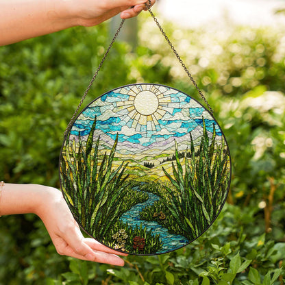 Sunny River Valley Landscape Stained Glass Style Suncatcher Gift for Nature Lover Window Decor