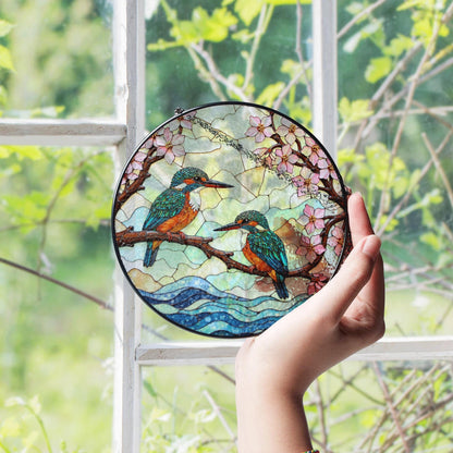 Kingfishers on Branch Stained Glass Suncatcher Bird Window Hanging Gift for Bird Lovers