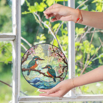 Kingfishers on Branch Stained Glass Suncatcher Bird Window Hanging Gift for Bird Lovers
