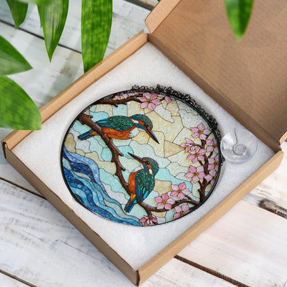 Kingfishers on Branch Stained Glass Suncatcher Bird Window Hanging Gift for Bird Lovers