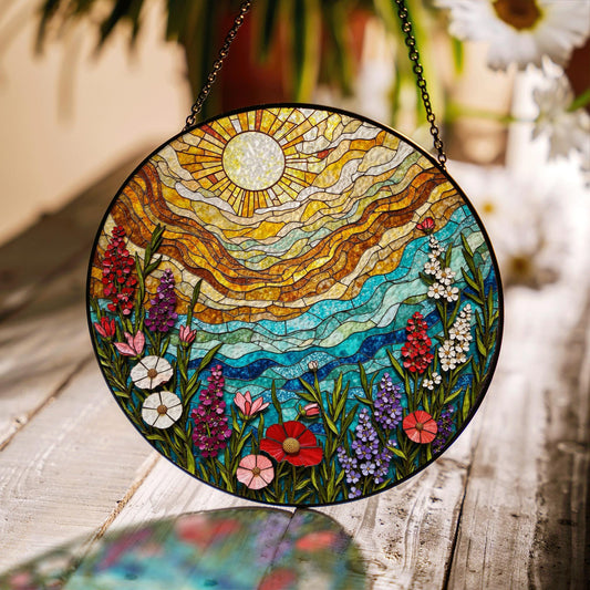 Colorful Wildflower Field Suncatcher Stained Glass Sun and Sky Sun Catcher Gift for Nature Lover