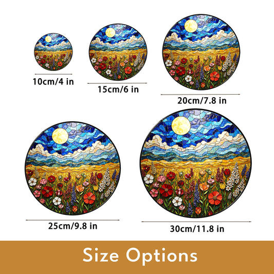 Wildflower Meadow Field Stained Glass Round Suncatcher Gift for Nature Lover Birthday Home Decor