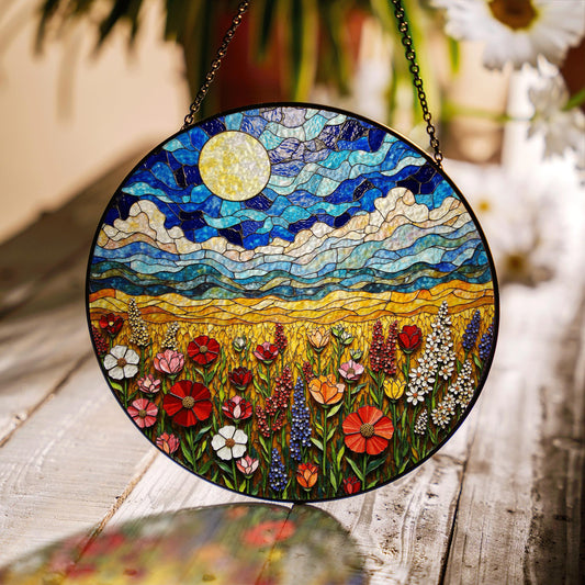 Wildflower Meadow Field Stained Glass Round Suncatcher Gift for Nature Lover Birthday Home Decor