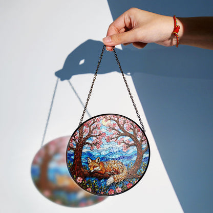 Sleeping fox under cherry trees stained glass suncatcher woodland decor gift for nature lover