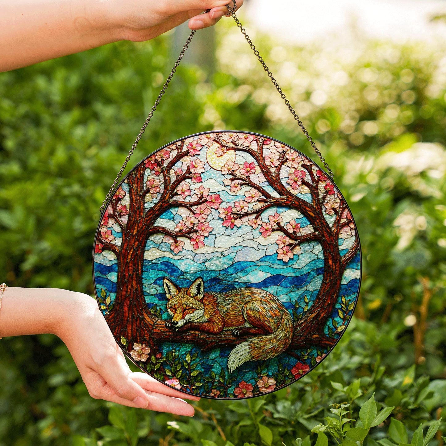 Sleeping fox under cherry trees stained glass suncatcher woodland decor gift for nature lover