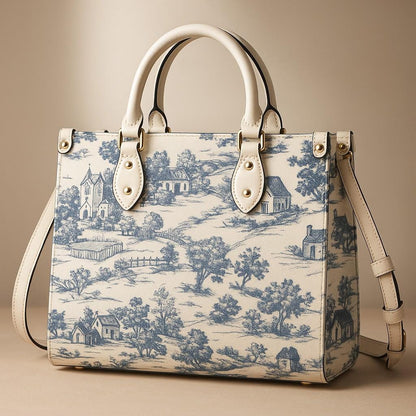 Toile-de-jouy Vintage-Inspired Handbag. Square Tote Bag, Waterproof PU Leather Tote, Top Handle Vegan Leather, Crossbody, Shoulder bag,
