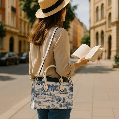 Toile-de-jouy Vintage-Inspired Handbag. Square Tote Bag, Waterproof PU Leather Tote, Top Handle Vegan Leather, Crossbody, Shoulder bag,