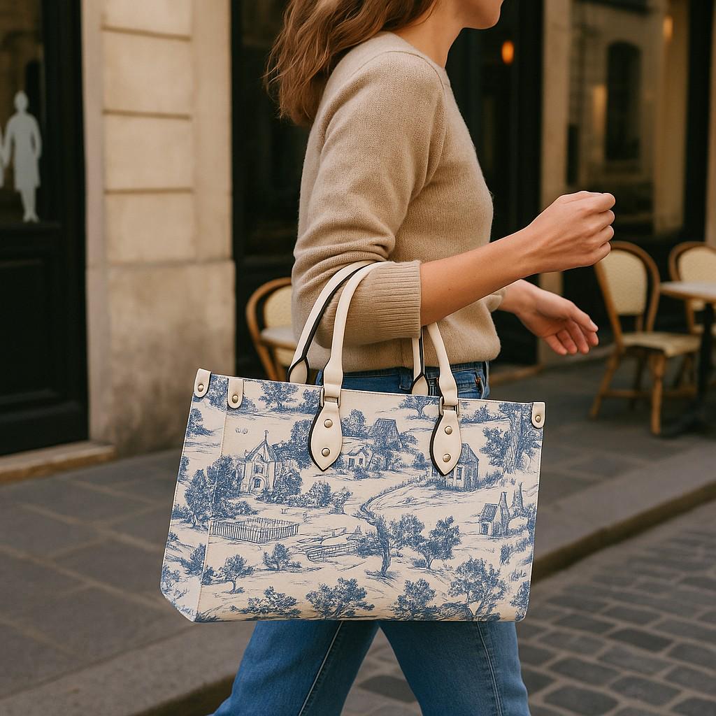 Toile-de-jouy Vintage-Inspired Handbag. Square Tote Bag, Waterproof PU Leather Tote, Top Handle Vegan Leather, Crossbody, Shoulder bag,