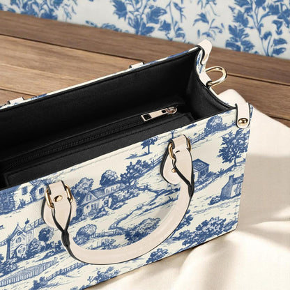 Toile-de-jouy Vintage-Inspired Handbag. Square Tote Bag, Waterproof PU Leather Tote, Top Handle Vegan Leather, Crossbody, Shoulder bag,