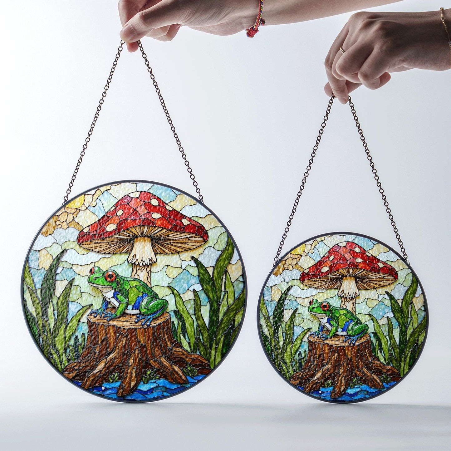 Frog on stump under red mushroom stained glass suncatcher forest animal decor gift for nature lover