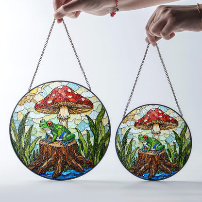Frog on stump under red mushroom stained glass suncatcher forest animal decor gift for nature lover