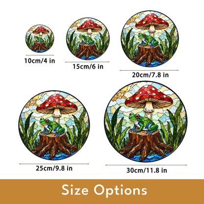 Frog on stump under red mushroom stained glass suncatcher forest animal decor gift for nature lover