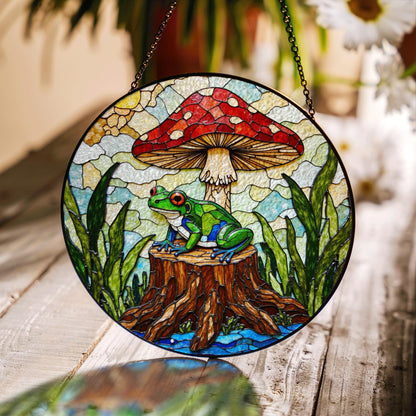 Frog on stump under red mushroom stained glass suncatcher forest animal decor gift for nature lover