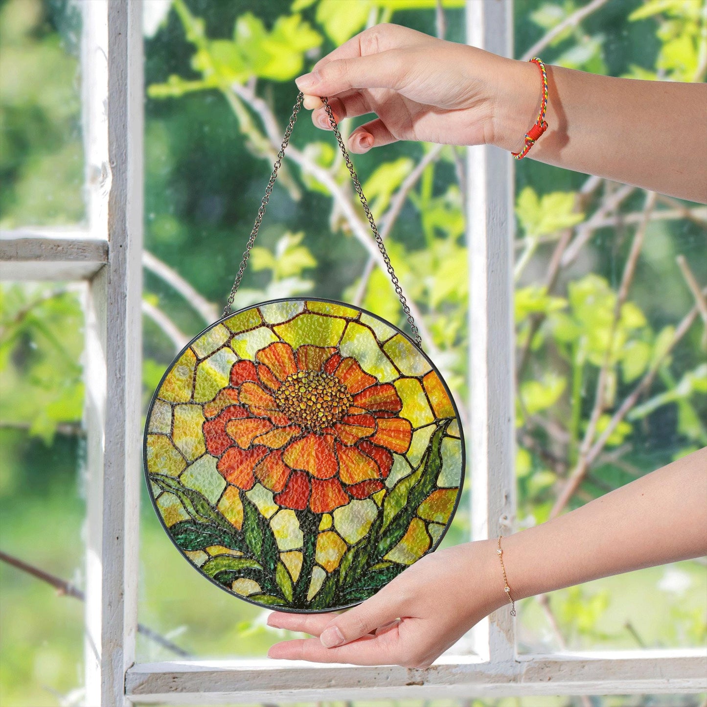 Orange flower stained glass round panel vibrant suncatcher art gift for plant lovers window decor gift for mom