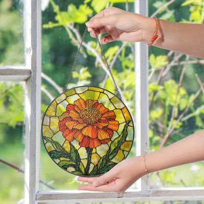 Orange flower stained glass round panel vibrant suncatcher art gift for plant lovers window decor gift for mom