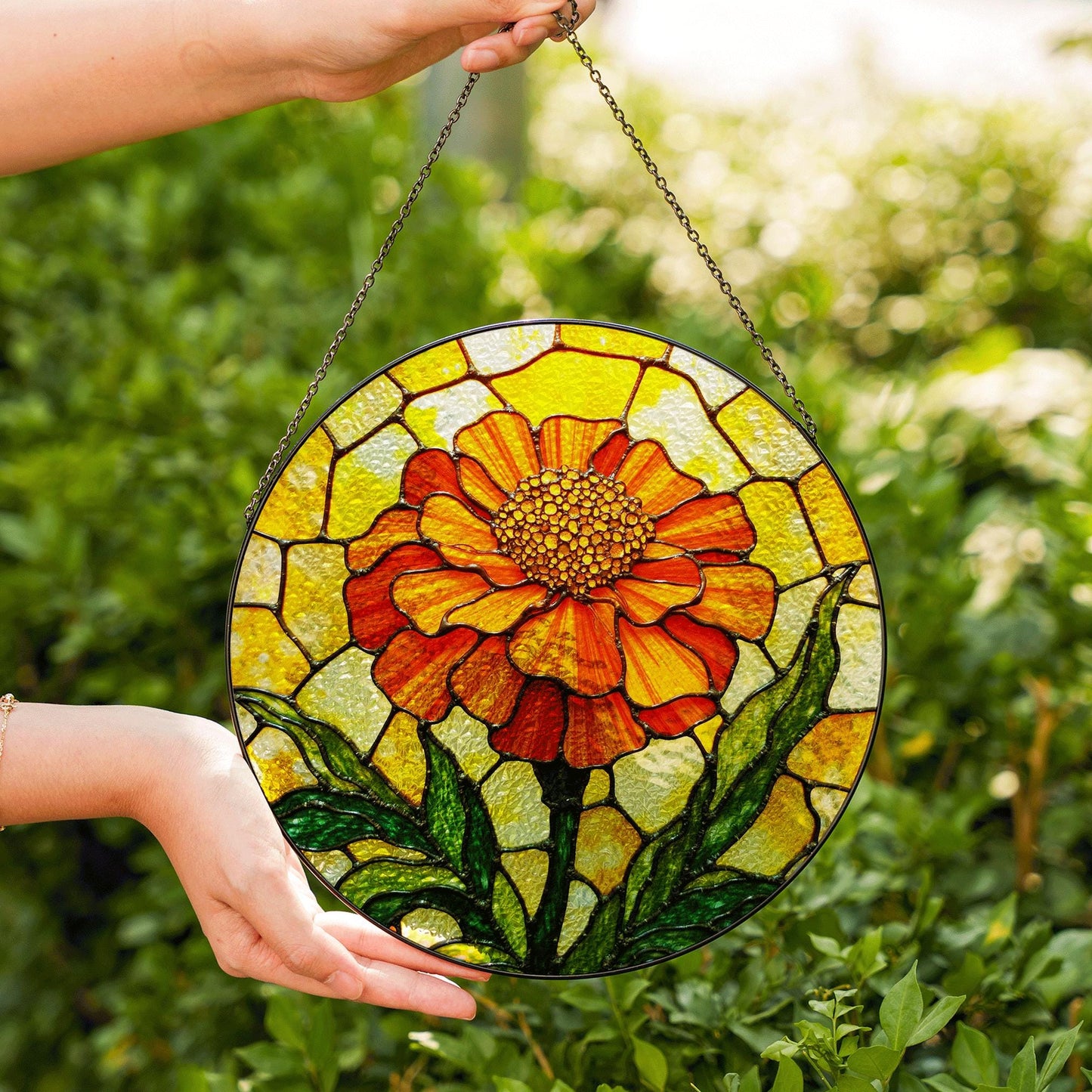 Orange flower stained glass round panel vibrant suncatcher art gift for plant lovers window decor gift for mom