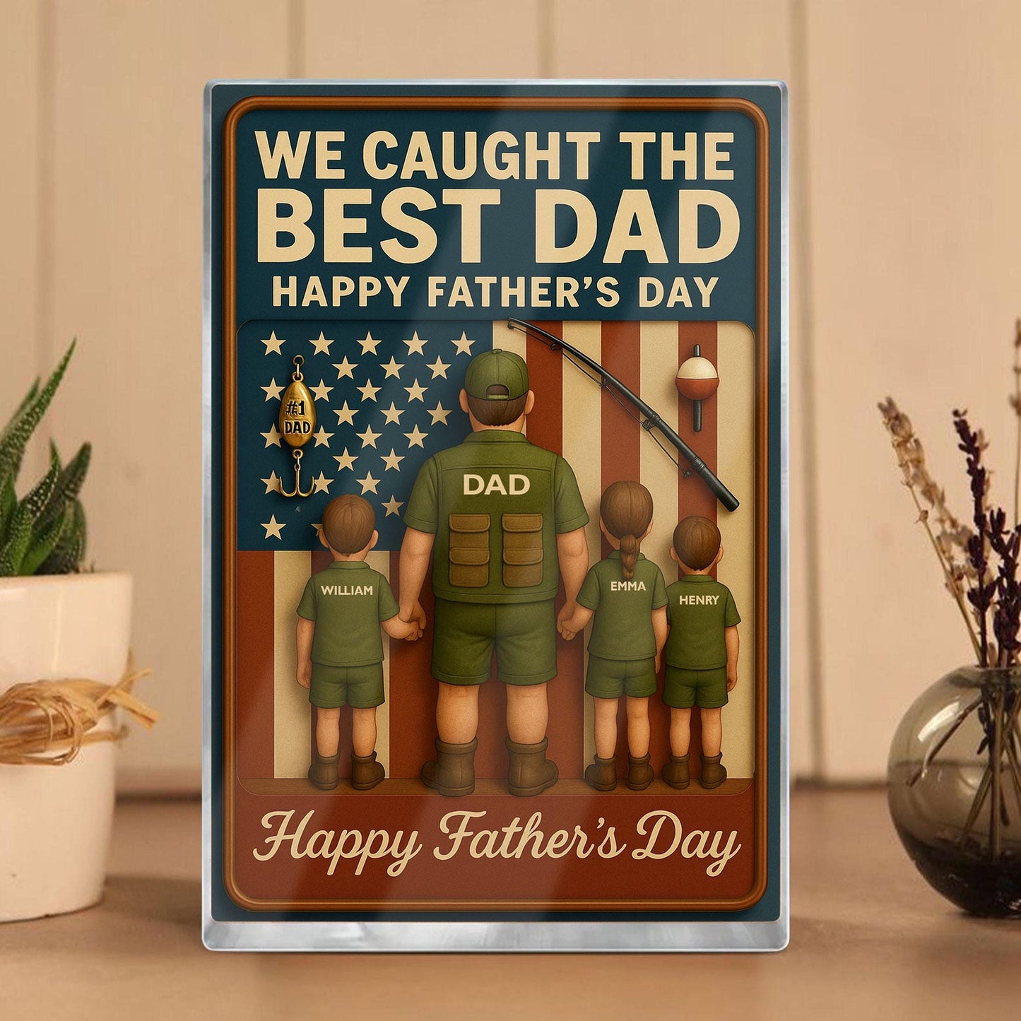 I Caught The Best Dad, Fishing Action Figure Personalized Acrylic Block Plaque, Father's Day Gift for Dad, Custom Kids Name Decor For Dad