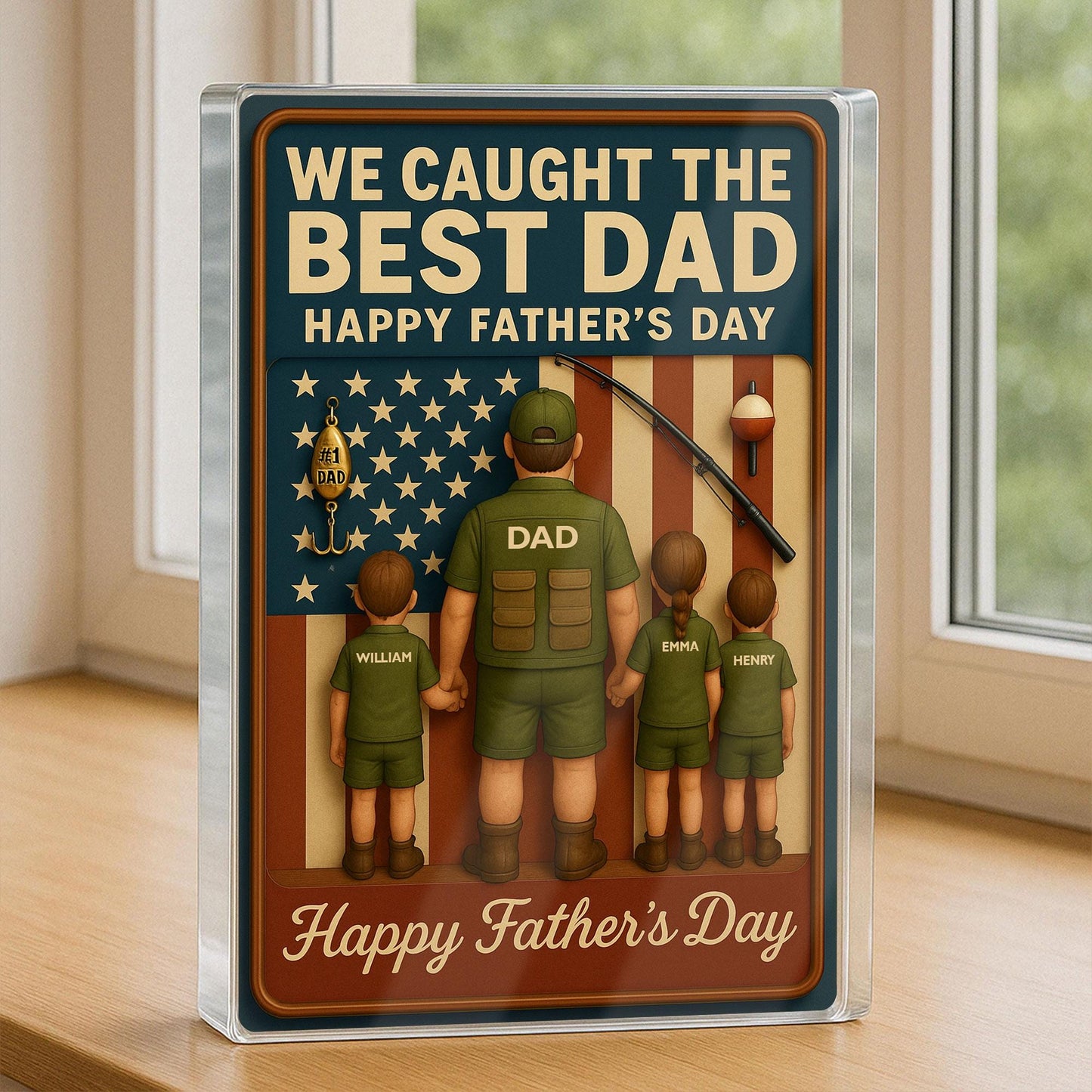 I Caught The Best Dad, Fishing Action Figure Personalized Acrylic Block Plaque, Father's Day Gift for Dad, Custom Kids Name Decor For Dad