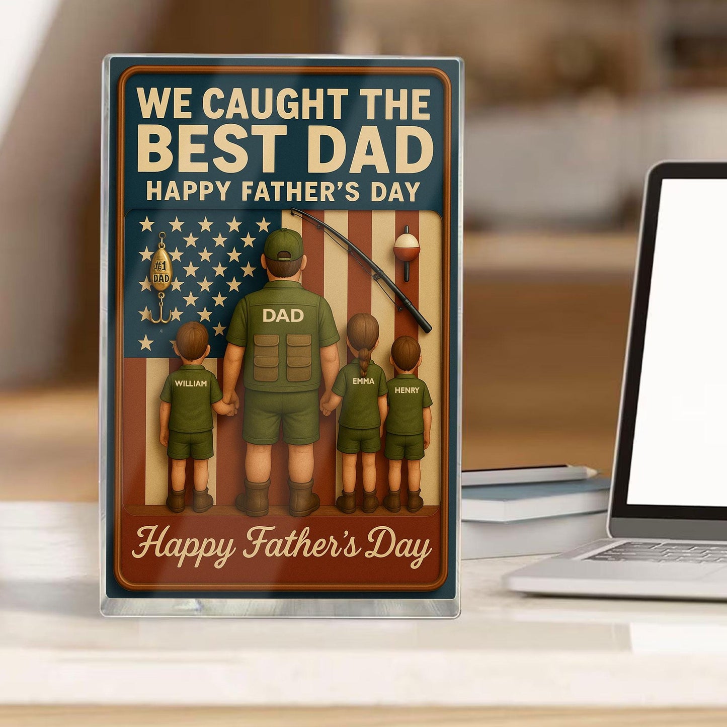 I Caught The Best Dad, Fishing Action Figure Personalized Acrylic Block Plaque, Father's Day Gift for Dad, Custom Kids Name Decor For Dad