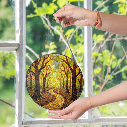 Autumn Forest Path Round Suncatcher Stained Glass Window Decor Gift for Nature Lovers