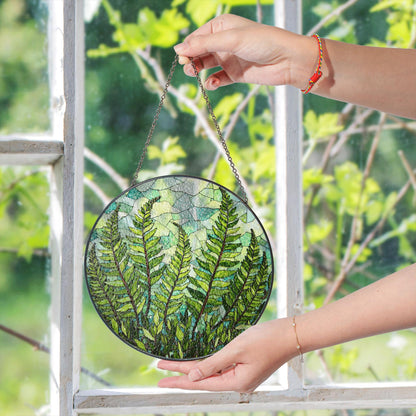 Green Fern Leaves Stained Glass Round Suncatcher Nature Window Decor Gift for Nature Lovers