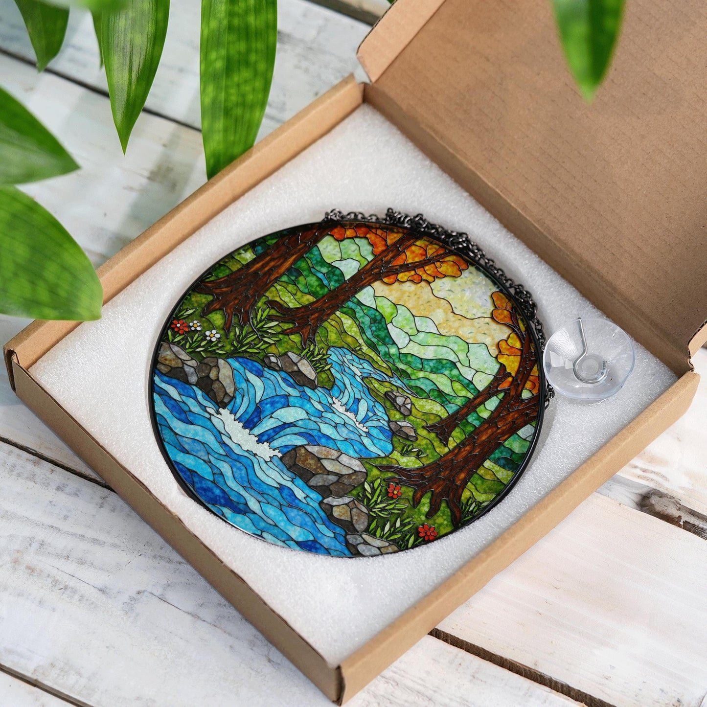 Forest waterfall creek stained glass suncatcher nature window hanging gift for outdoor lovers