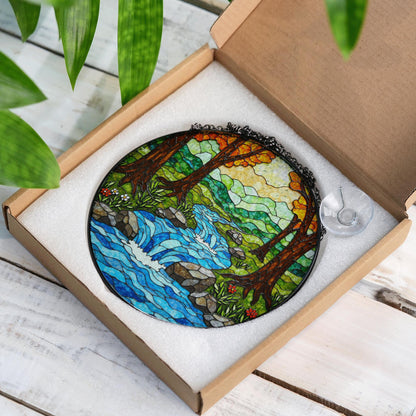 Forest waterfall creek stained glass suncatcher nature window hanging gift for outdoor lovers