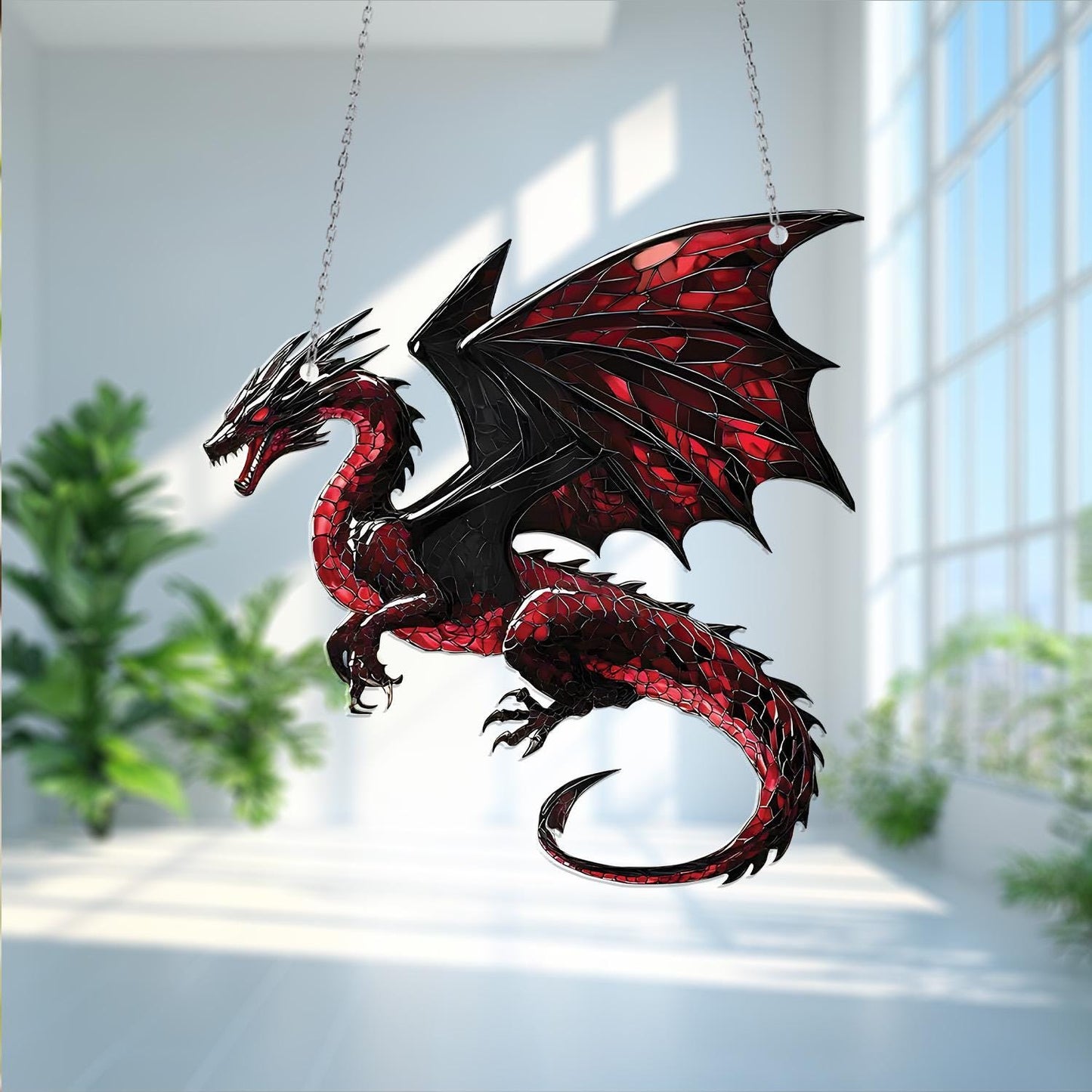 Red Dragon Window Hanging, Fierce Fantasy Decor, Gothic Home Accent, Unique Gift for Him, Dragon Lover Art, Game Room Decoration