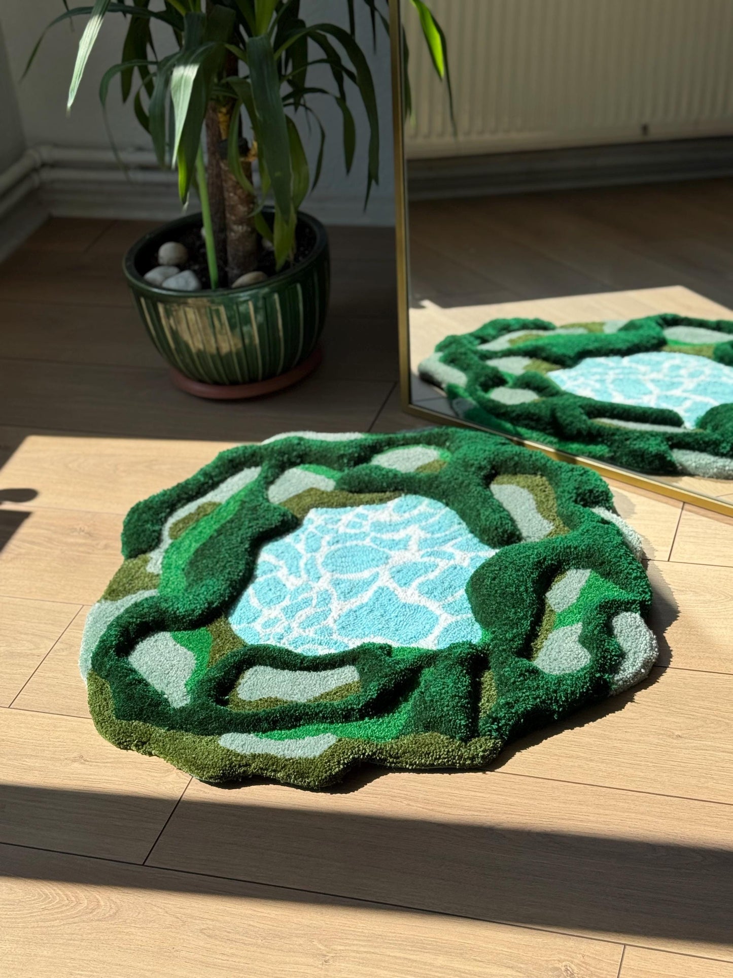 Lake Green Tufted Rug – Nature Inspired 3D Handmade Fluffy Carpet – Organic Shaped Soft Mat – Boho Earthy Decor