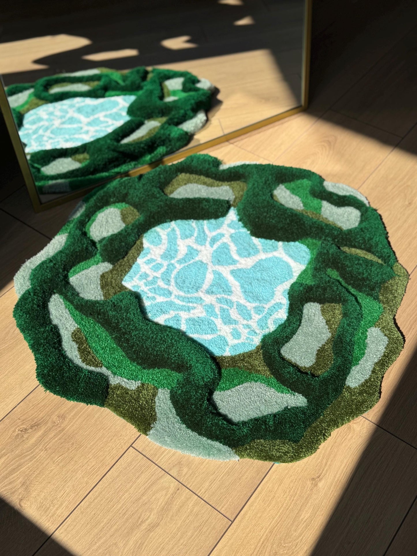 Lake Green Tufted Rug – Nature Inspired 3D Handmade Fluffy Carpet – Organic Shaped Soft Mat – Boho Earthy Decor
