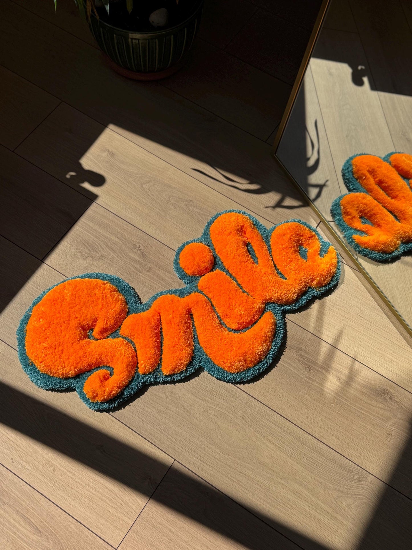 SMILE Tufted Rug – Handmade 3D Fluffy Quote Carpet – Positive Soft Floor or Wall Art – Bold Text Decor