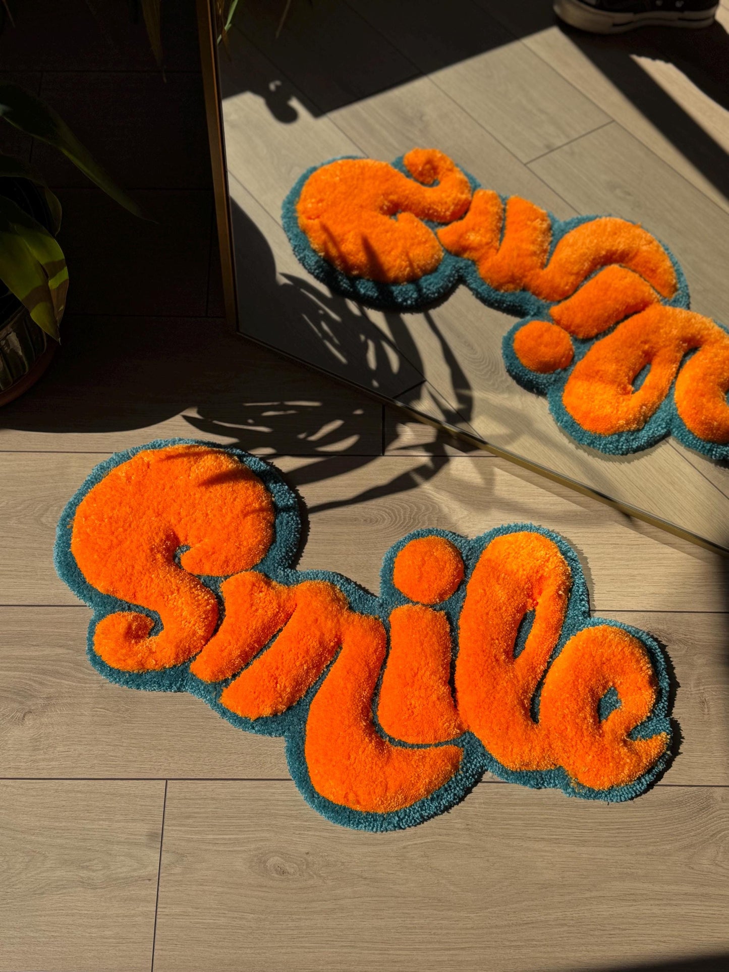 SMILE Tufted Rug – Handmade 3D Fluffy Quote Carpet – Positive Soft Floor or Wall Art – Bold Text Decor