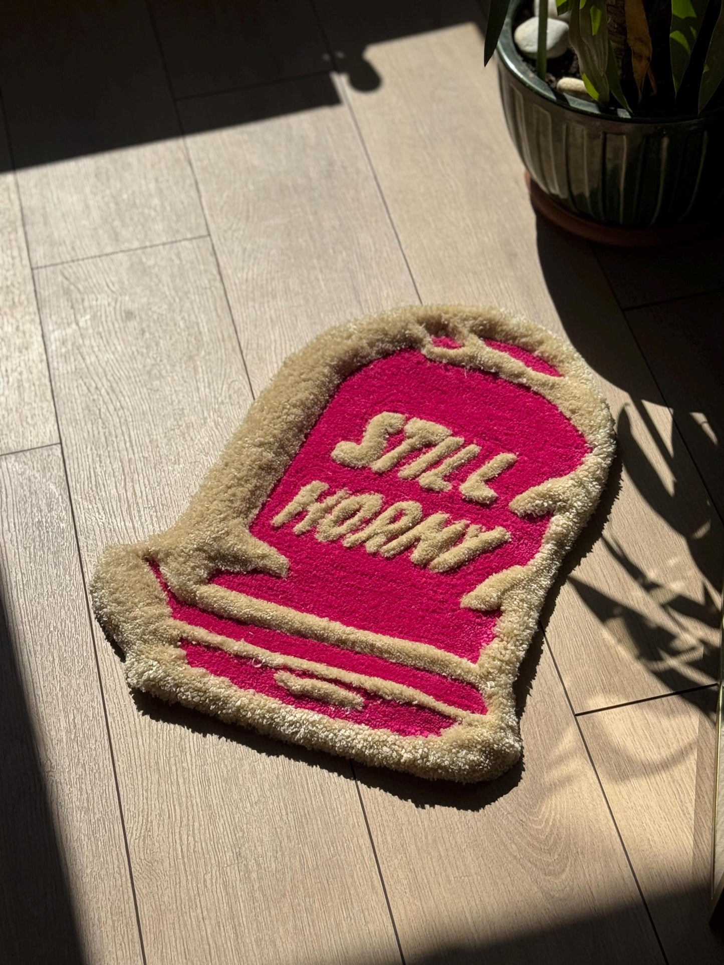 Still H0rny Tufted Rug – Funny Headstone Shaped Handmade Carpet – 3D Fluffy Graveyard Decor – Bold Statement Mat