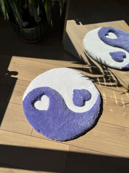 Yin Yang Heart Rug – Light Purple 3D Handmade Fluffy Tufted Carpet – Soft Aesthetic Floor or Wall Decor