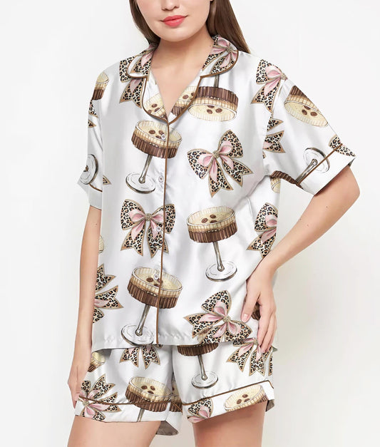 Martini Espresso Coquette Pajamas Satin Set, Leopard Bow Shirt,Mother's Day Gift, Birthday Gift, Pjs For Women, Bridesmaid Gifts