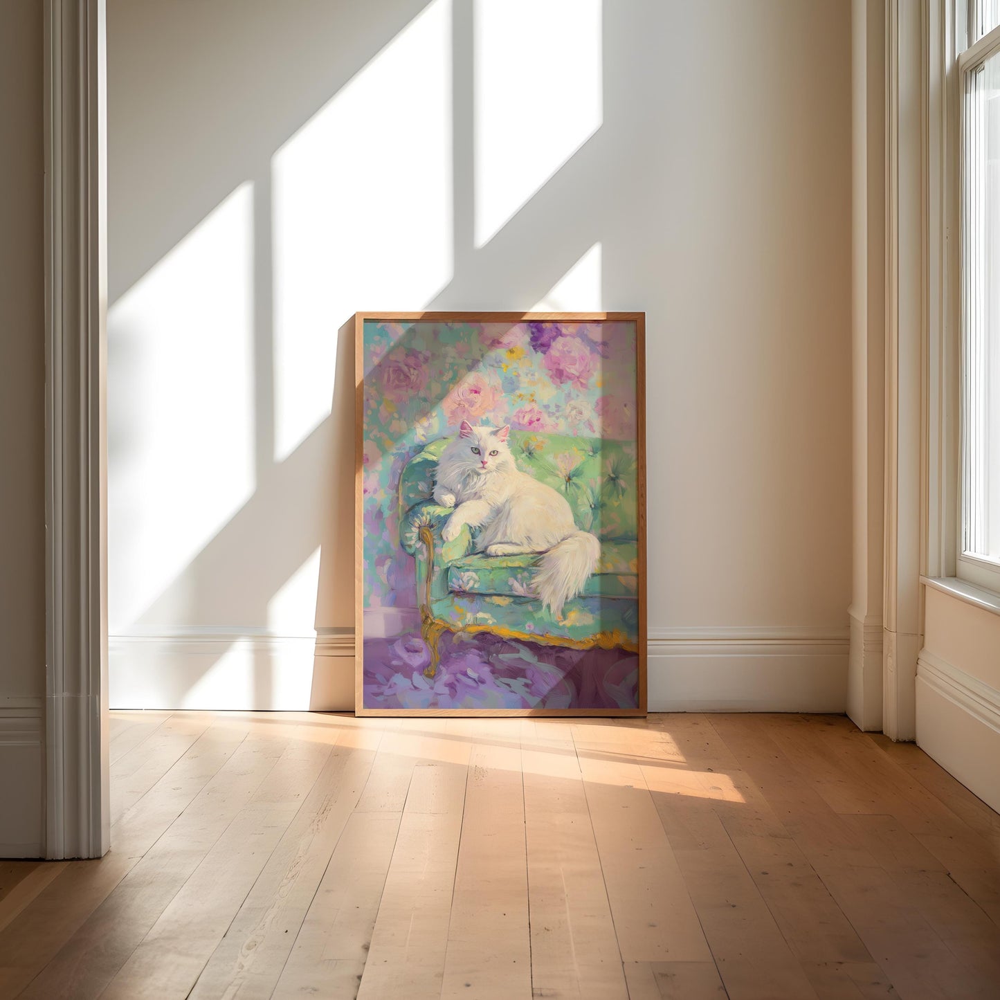 Persian Cat Art Print: Quirky Floral Wallpaper, Retro Decor