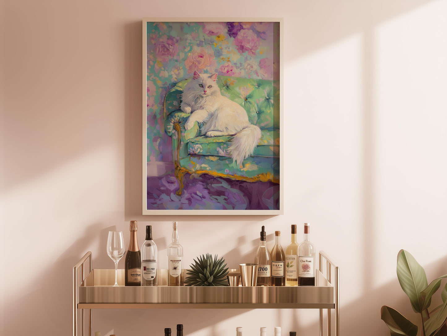 Persian Cat Art Print: Quirky Floral Wallpaper, Retro Decor