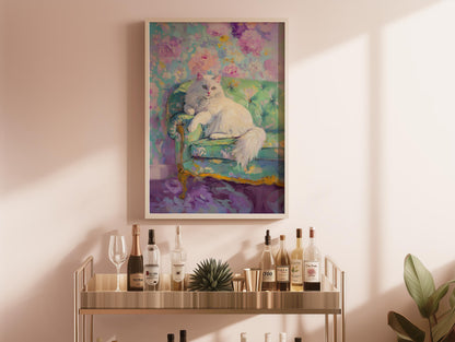 Persian Cat Art Print: Quirky Floral Wallpaper, Retro Decor