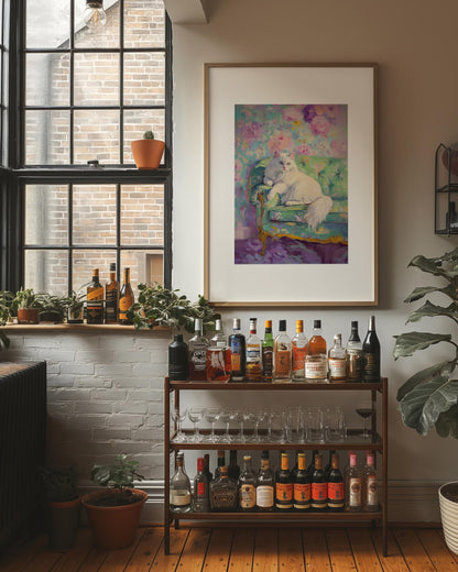 Persian Cat Art Print: Quirky Floral Wallpaper, Retro Decor