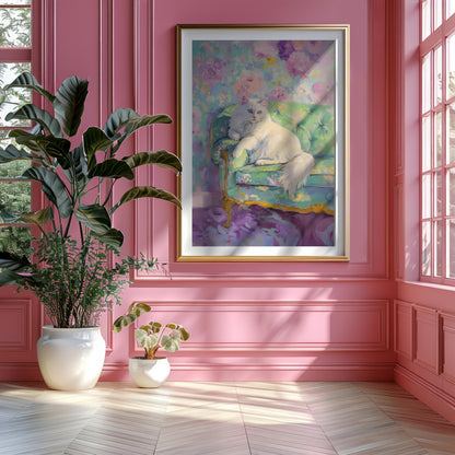 Persian Cat Art Print: Quirky Floral Wallpaper, Retro Decor