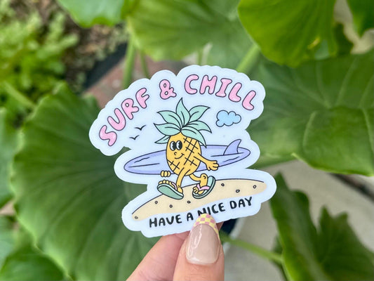 Surf and Chill Waterproof Sticker, Mental Health Stickers, Handdrawn Art, Bestfriend Gifts, Positivity
