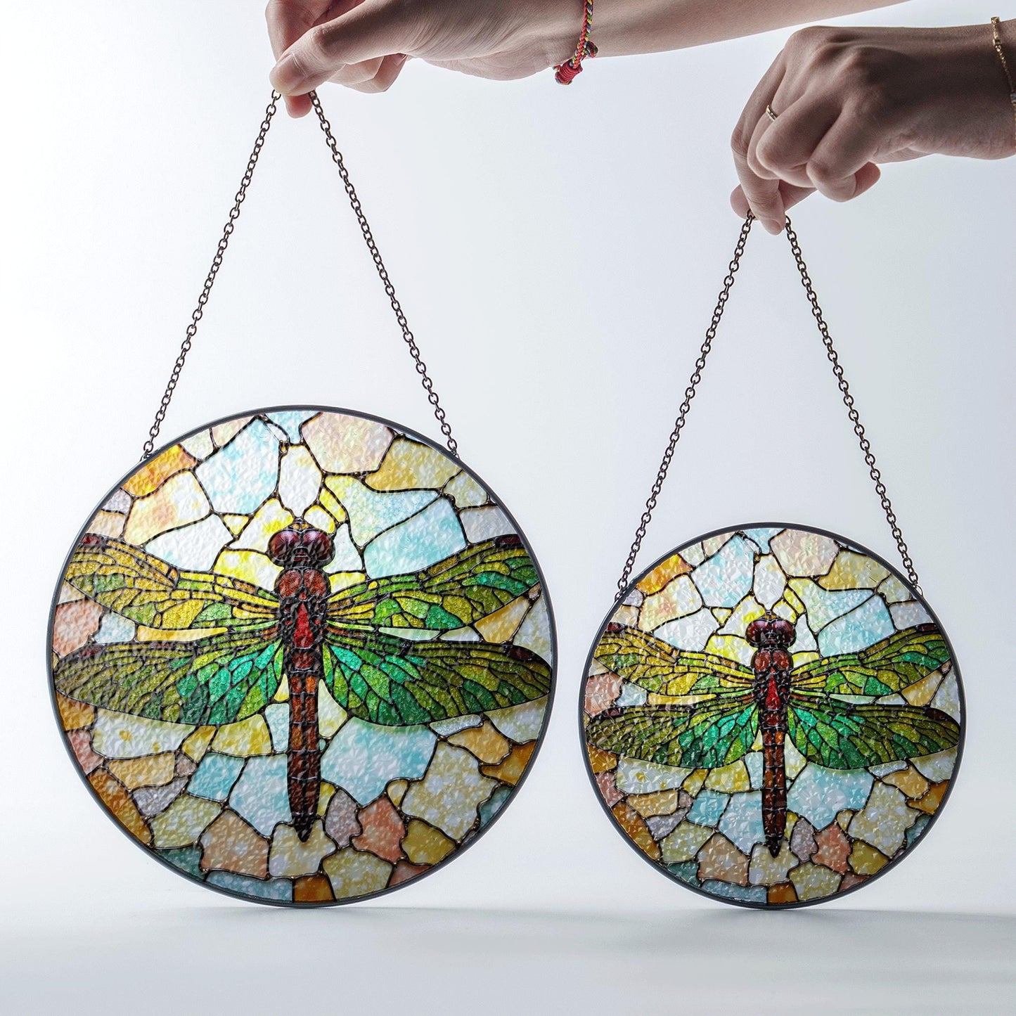 Green Dragonfly Stained Glass Suncatcher Round Window Decor Gift for Nature Lover
