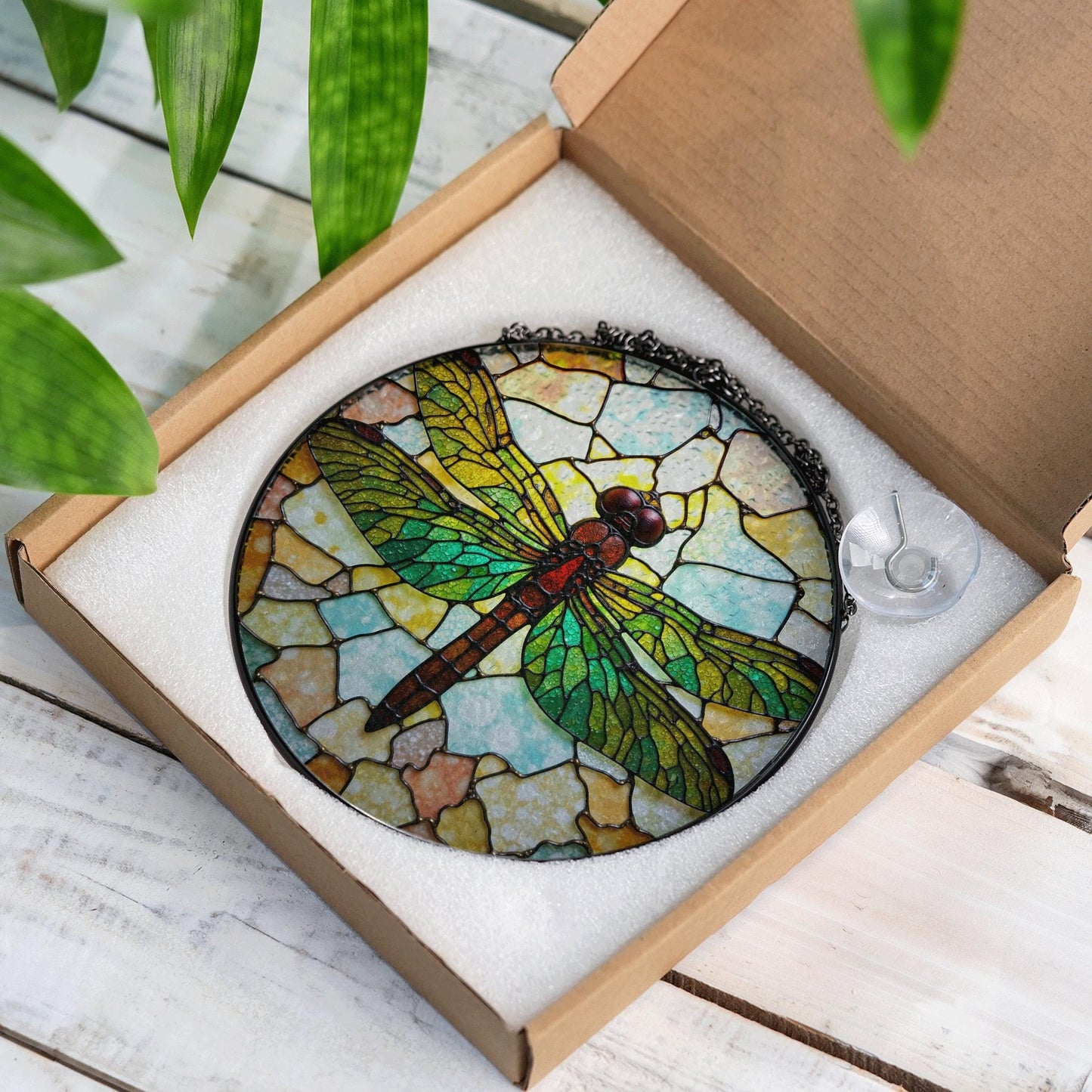 Green Dragonfly Stained Glass Suncatcher Round Window Decor Gift for Nature Lover