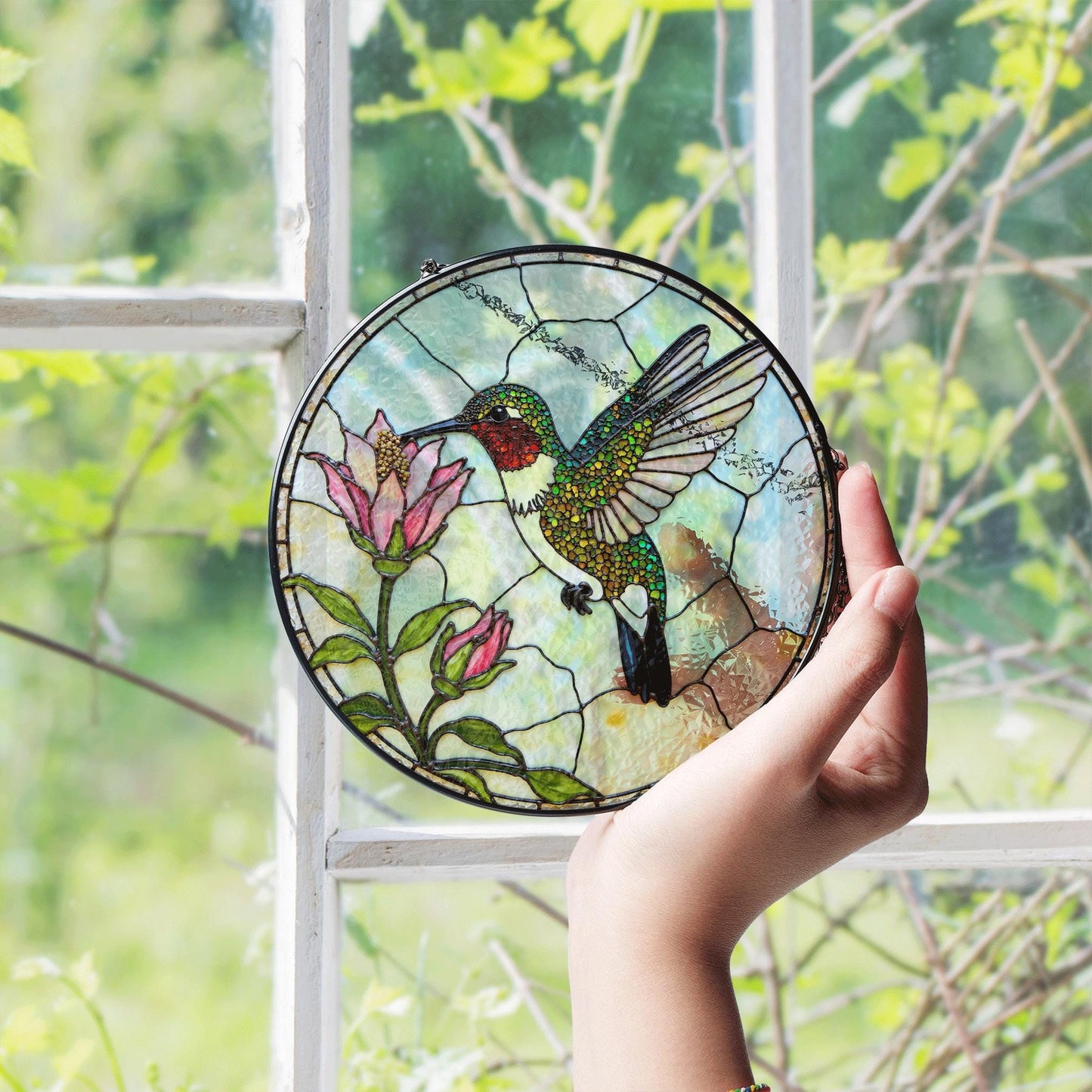 Hummingbird and pink flowers round glass suncatcher window decor gift for bird lover mom