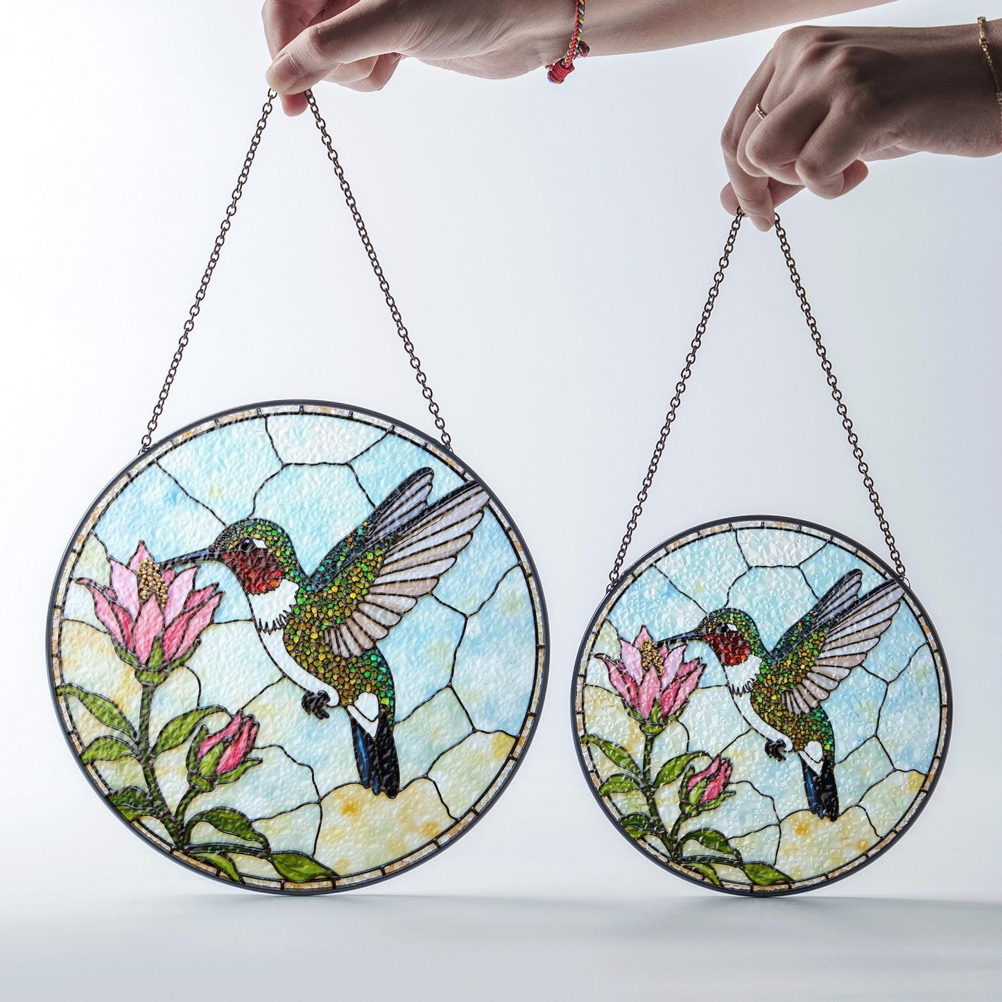 Hummingbird and pink flowers round glass suncatcher window decor gift for bird lover mom