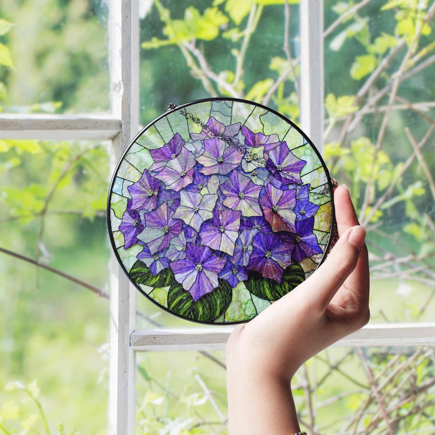 Purple hydrangea floral round stained glass suncatcher window hanging gift for mom