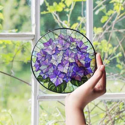 Purple hydrangea floral round stained glass suncatcher window hanging gift for mom